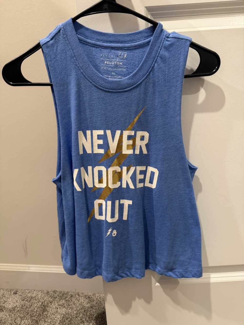 Peloton Blue Muscle Tank with Gold Lightning Graphic